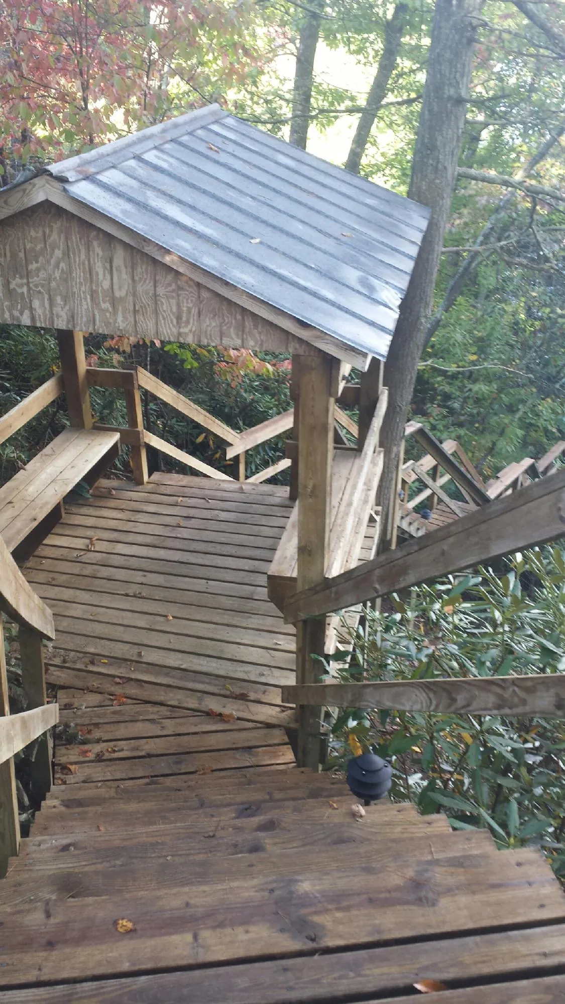 Metal roofed shelter over wooden steps on a wooded walkway — Skylight Repair & Installation work by our crew in Robertsdale